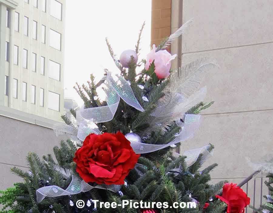 Christmas Tree Decorated With Ornaments, Flowers and Ribbon | Christmas Trees at Tree-Pictures.com